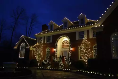 Christmas Lighting, lights in trees, bushes, walkways